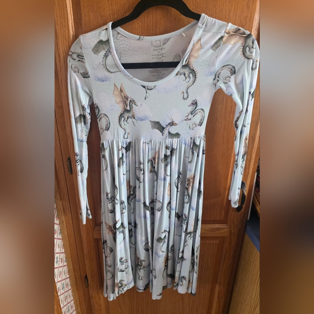 Posh Peanut Girls 10Y Light Blue Dragon Print Long Sleeve Midi Dress EUC
